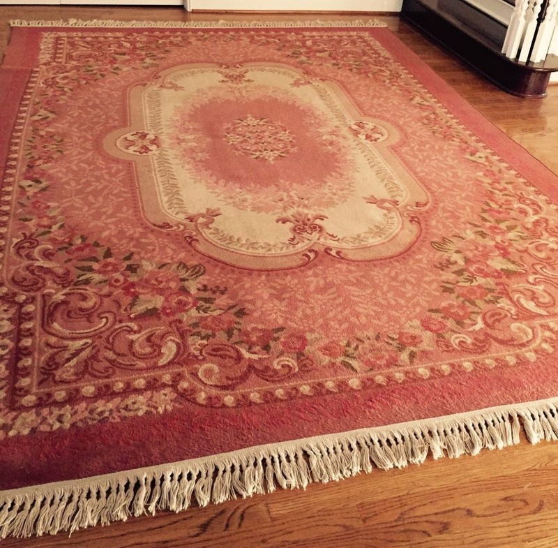 Vintage Large PINK Floral WOOL Rug~French Scrolls Detailed Borders with Fringe gallery