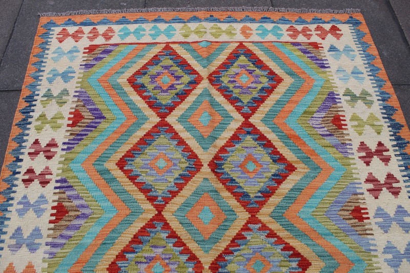 Kilim Vintage Traditional Hand Made Oriental Orange Green Wool Kilim 210x152cm gallery