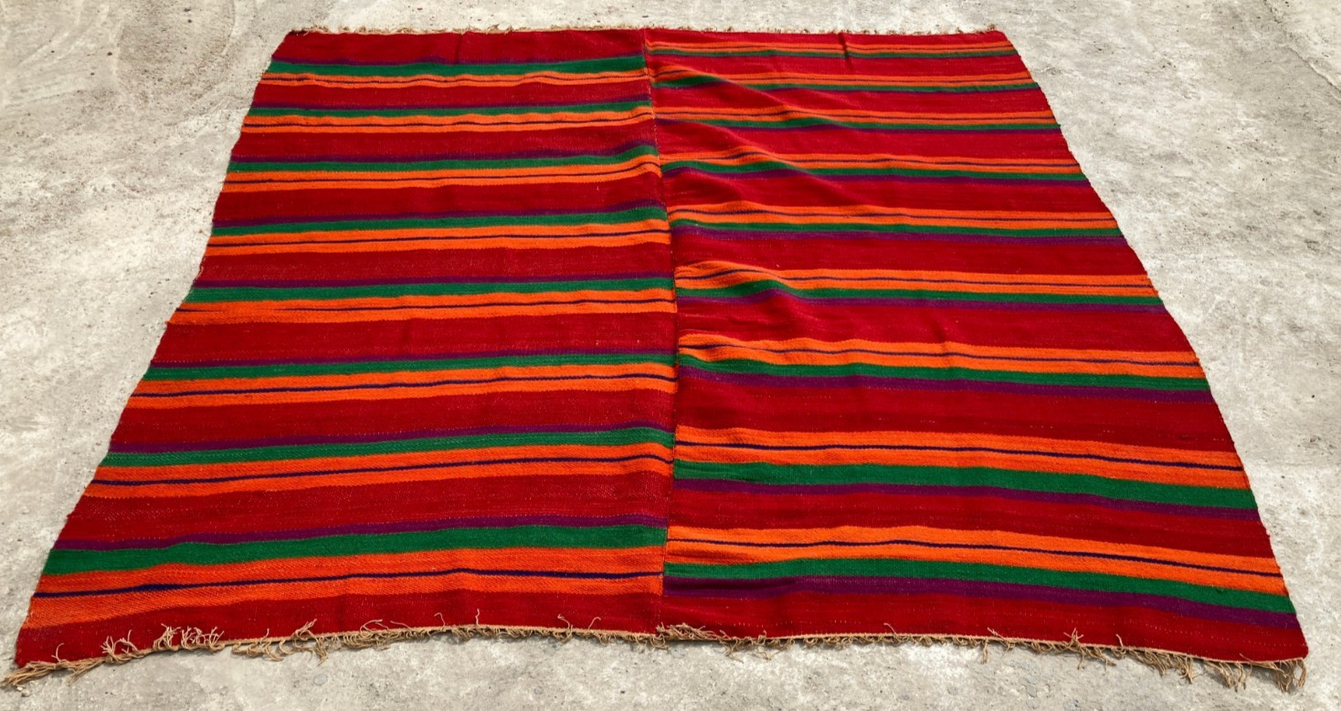 Vintage Traditional Handmade Geometric Striped Kilim Floor Rug Carpet 197x194 cm gallery