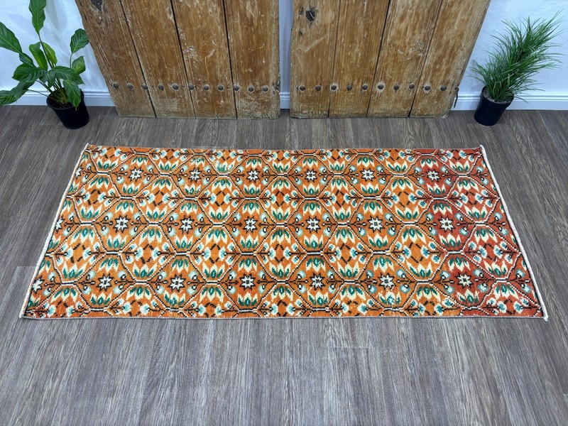 3x6 Vintage Turkish Runner, Hand-Knotted Wool Rust & Emerald Green Hallway Rug gallery