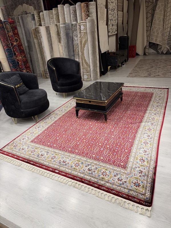 7x10 ft Turkish Pure Silk Rug Machine Made Red Oriental w/ Hand Knotted Fringe gallery