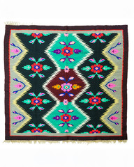 Romanian Oltenian Kilim Rug Handwoven 100% Wool Geometric Teal Floral 1970s