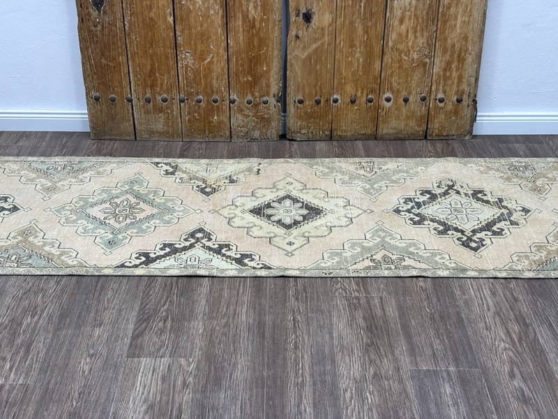 3x13 Hand-Knotted Oriental Turkish Runner, Vintage Pink Oushak Hallway Runner gallery