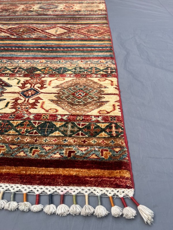 4'2x5'9 ft Vintage Afghan Kazak Hand Knotted Wool Striped Diamond Medallion Rug gallery