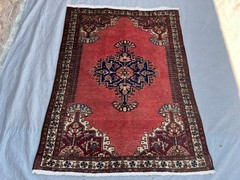 Red Vintage Caucasian Rug 3’7×4’9 Hand Knotted Wool Turkish Medallion Carpet