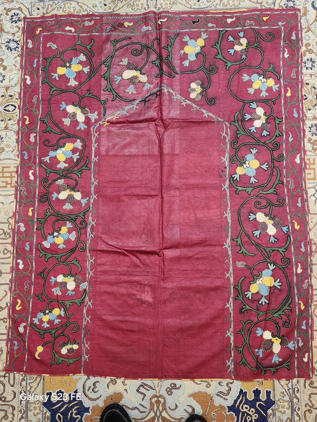 Antique Shahrisabz Silk On Silk Souzani Prayer Mat, 42x52 Inches gallery