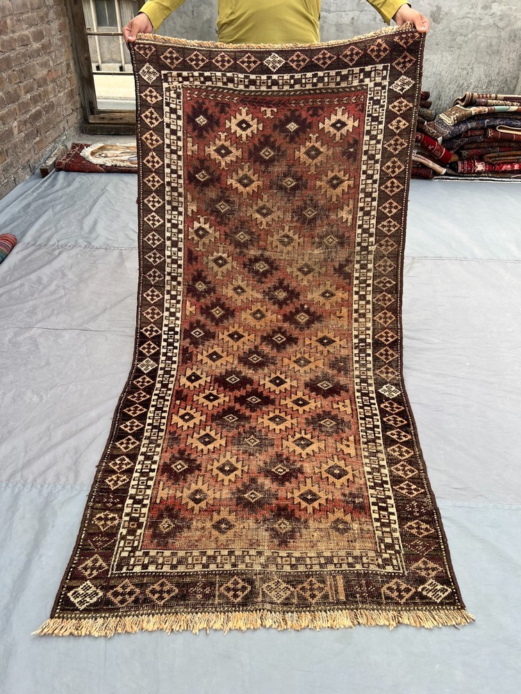3'2 x 6'5 ft Antique Afghan Baluchi Rug Hand Knotted Wool Distressed Kitchen Rug