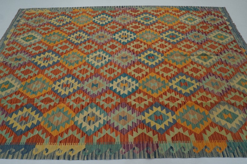 7x10 ft Orange Afghan Hand Woven Wool Reversible Kilim Rug 6'9"x9'6" gallery
