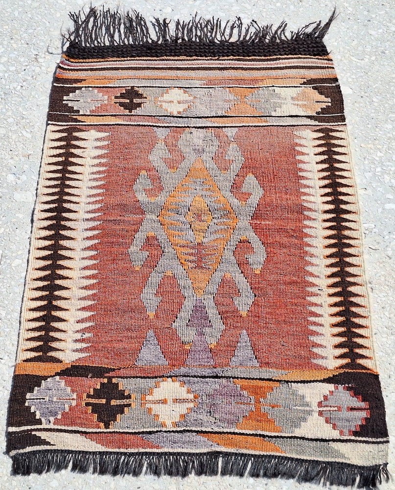 Vintage Turkish Nomad Kilim, Hand Woven Area Or Wall Rug, Fringed By Goat Wool