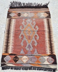 Vintage Turkish Nomad Kilim, Hand Woven Area Or Wall Rug, Fringed By Goat Wool