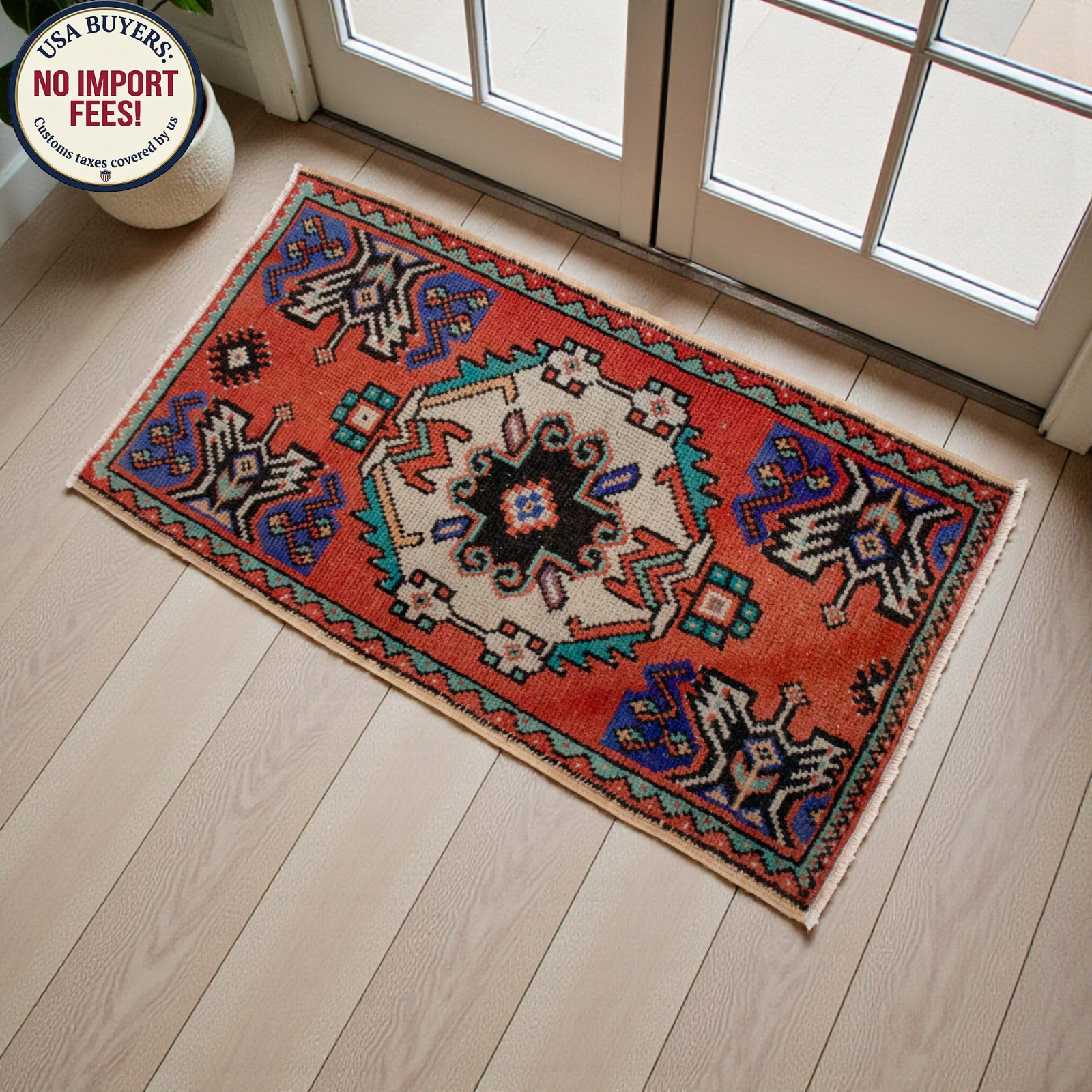 Vintage Oushak Rug Small Turkish Door Mat Hand-Knotted Wool Entryway Rug 19"x35" gallery