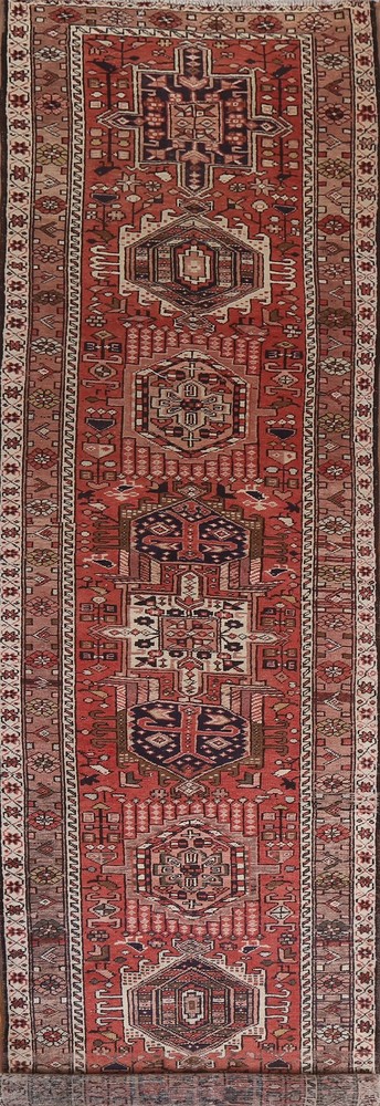 Red Geometric 14 ft Runner Rug 4x14 Wool Hand-made Long Hallway Vintage Carpet