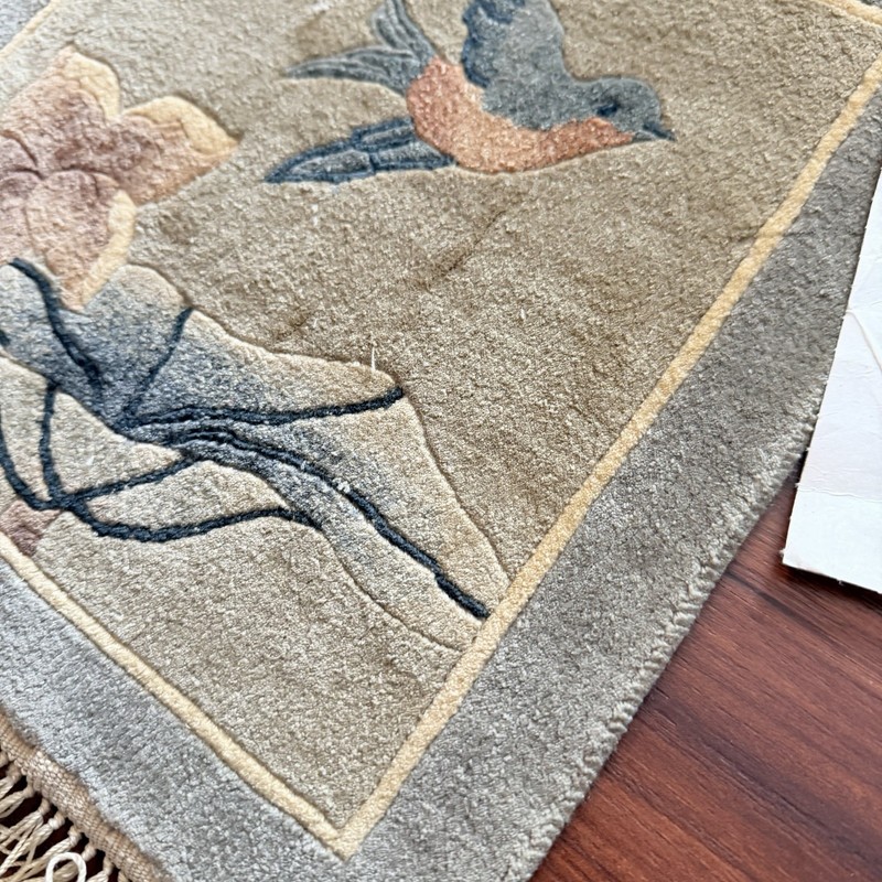 Vintage Pine & Crane Shanghai Chinese Silk Rug Bird Floral Handwoven Mat 12x12 gallery