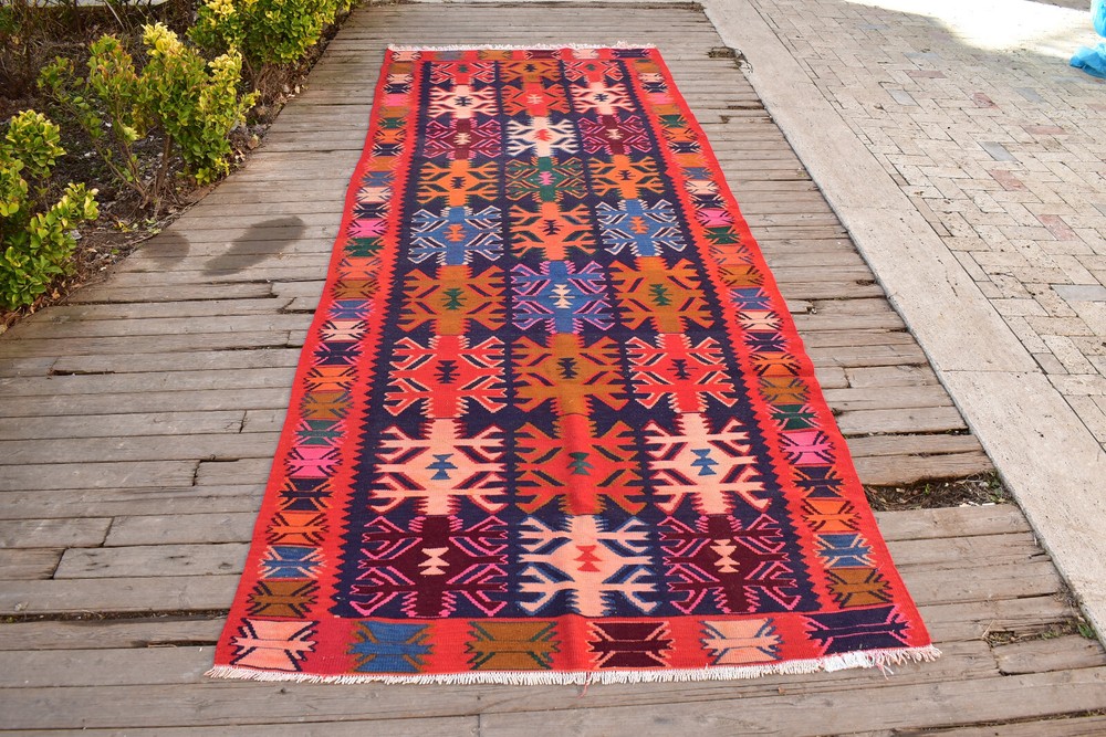 Caucasian Rug 55''x146'' Handwoven Kilim 140x373cm Rug Oriental Vintage 4x12 Rug