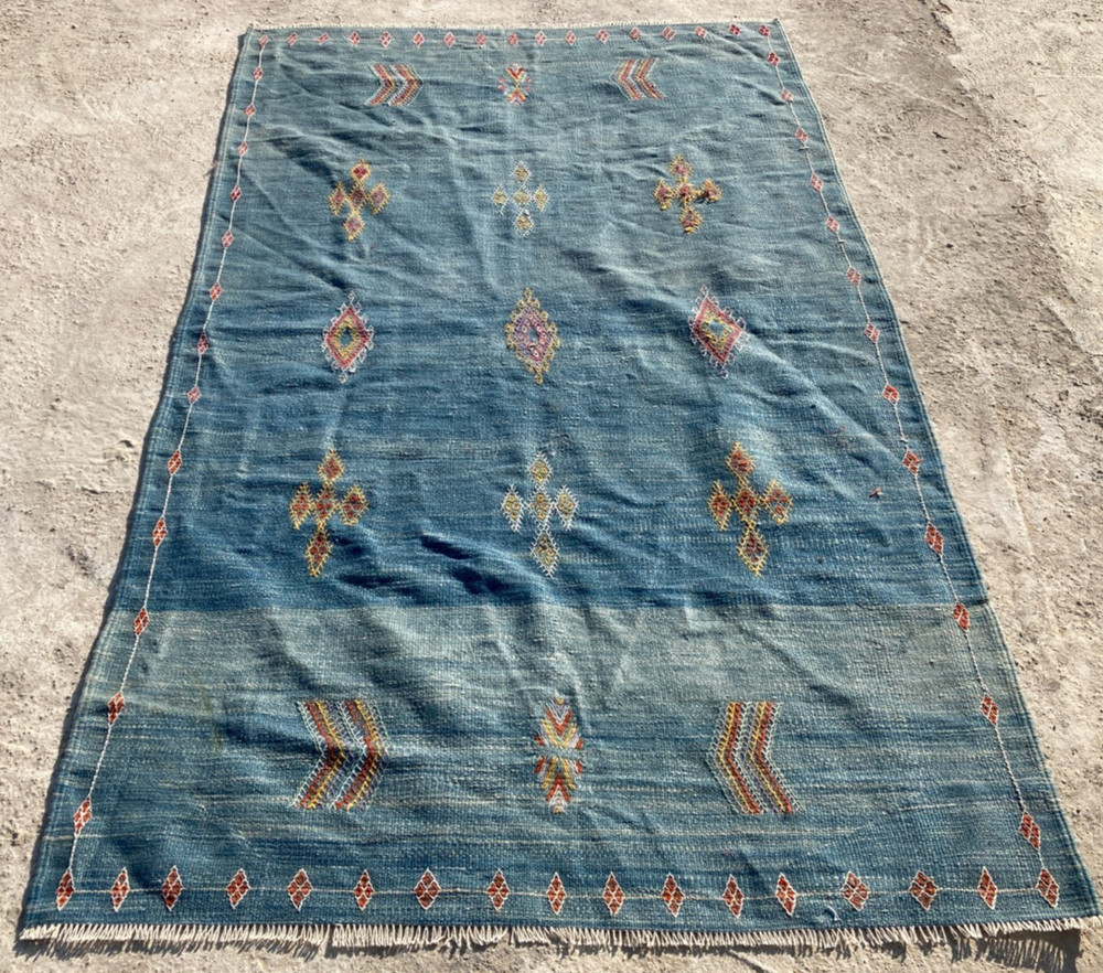 Vintage Traditional Handmade Lovely Moroccan Kilim Floor Rug Carpet 192x112 cm