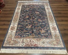 Turkish Silk Rug 5×8, Hunting Design, Animal Pictorials, Steel Blue & Ivory