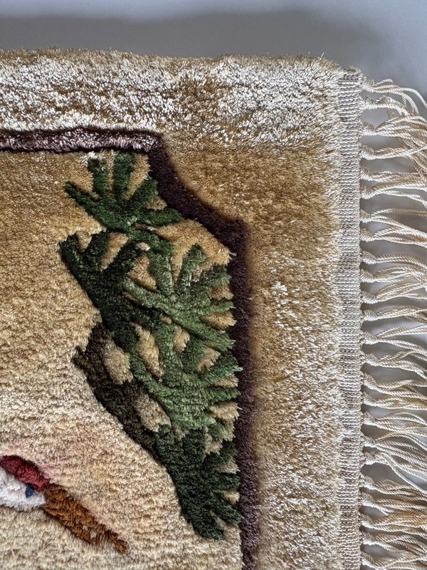 Vintage Pine & Crane Chinese small Silk Rug/Wall Hanging, birds & trees, no tags gallery