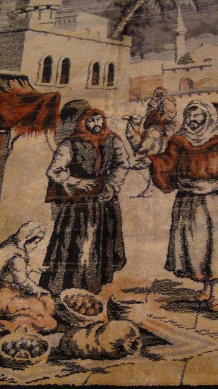 ANTIQUE ISLAMIC SILK RUG STREET MARKET SCENE 49" X 77" gallery
