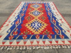 Vintage Traditional Handmade Turkish Tribal Wool Blue Kilim Rug 7.2×4.6ft