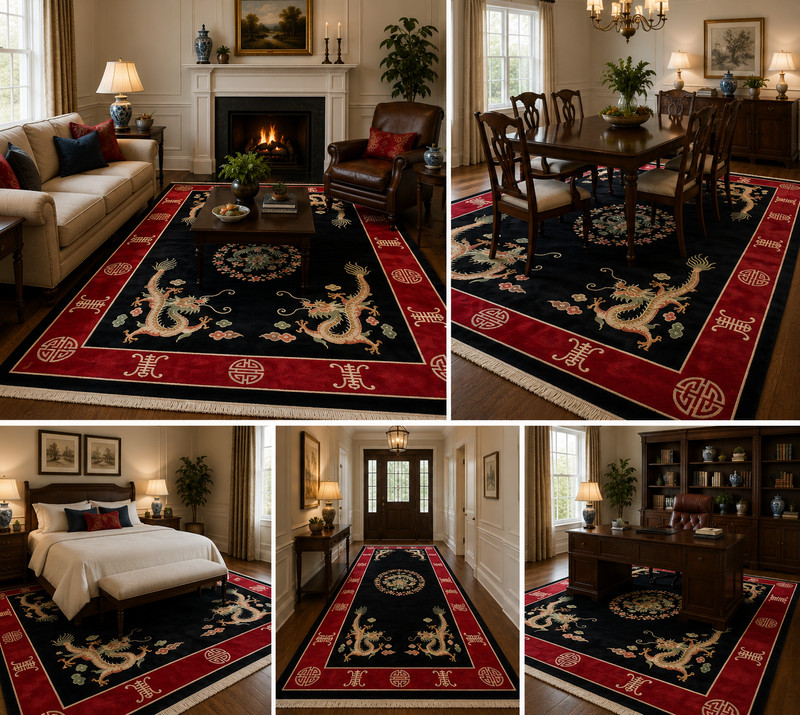 c1940s ANTIQUE ART DECO WALTER NICHOLS CHINESE RUG 9'x12'2" DROGEN DESIGN, BLACK gallery