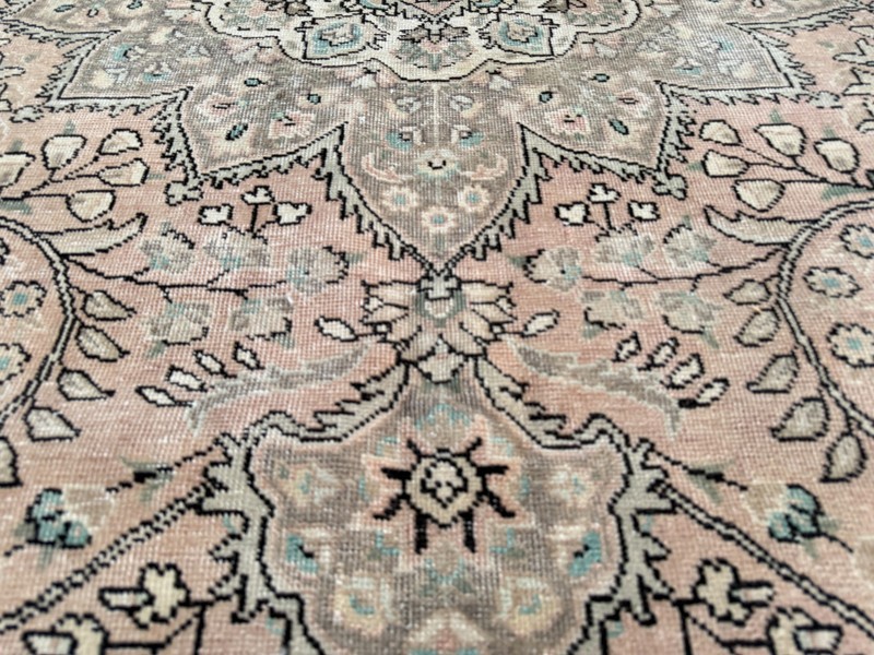 Vintage Turkish Rug 9.8x12.8 ft Beige Blush Pink Wool Handmade Distressed Rug gallery