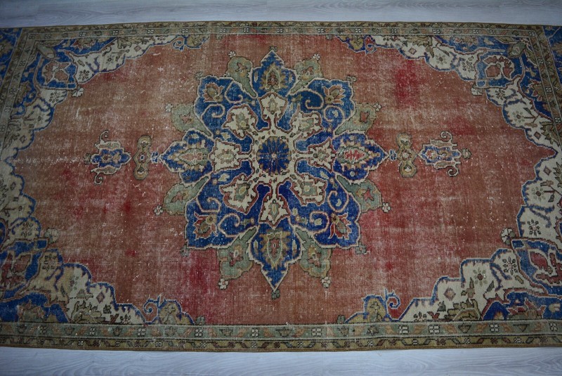 Antique Red Handmade Rug, 5.1x10.2ft, Blue Turkish Vintage Medallion Area Rug, gallery