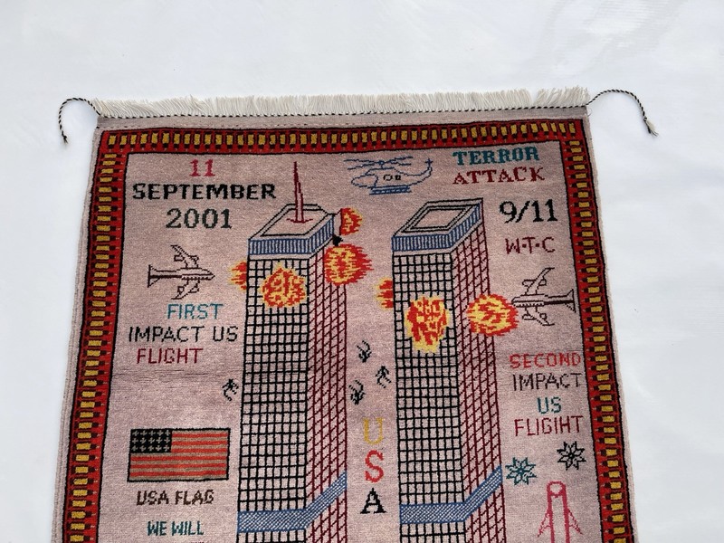 #734 Handmade rug 9/11 twin towers War Rug Afghan War Rug Handicrafts 125x95 Cm gallery