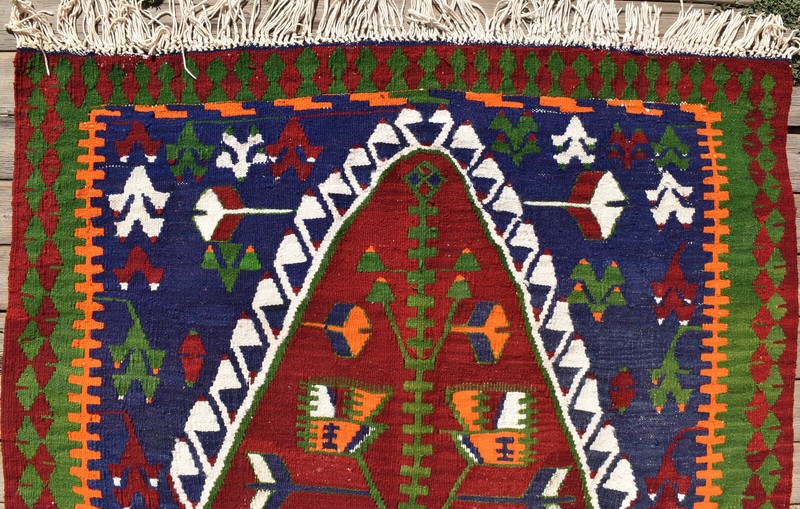 Turkish Kilim 44''x55'' Hand Woven Oushak Primitive Wool Blue Rug 115x140cm gallery