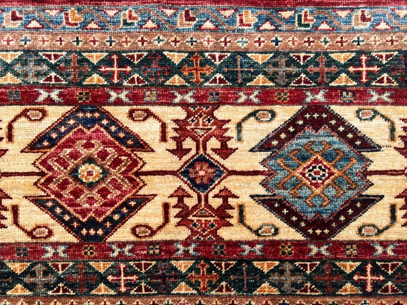4'2x5'9 ft Vintage Afghan Kazak Hand Knotted Wool Striped Diamond Medallion Rug gallery