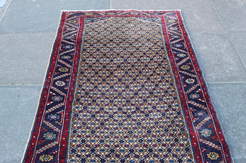 Vintage Hand Made Traditional Oriental Wool Brown Blue Long Runner 287x98cm gallery