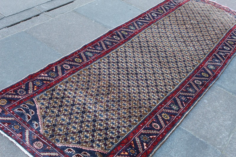 Vintage Hand Made Traditional Oriental Wool Brown Blue Long Runner 287x98cm gallery