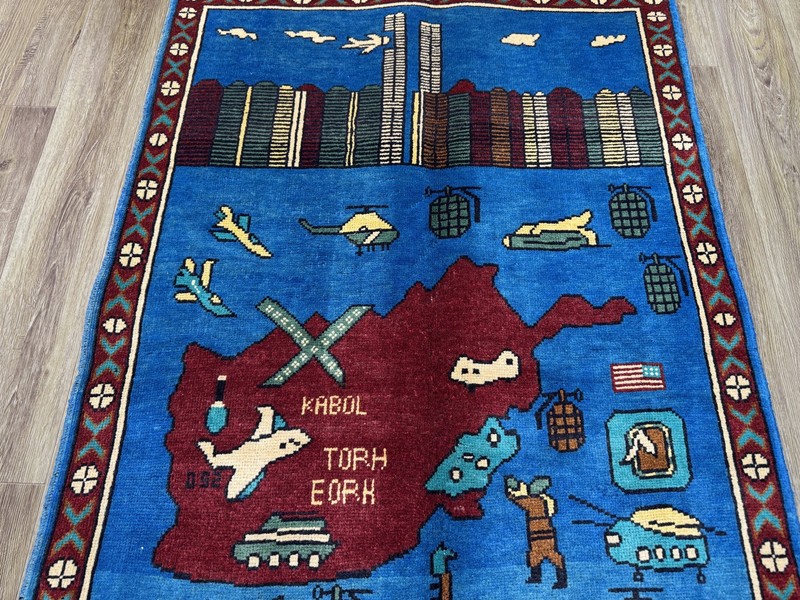Afghan War Rug 2'7x4'1 Hand Knotted Wool 9/11 Pictorial Blue Tribal Wall Art Rug gallery