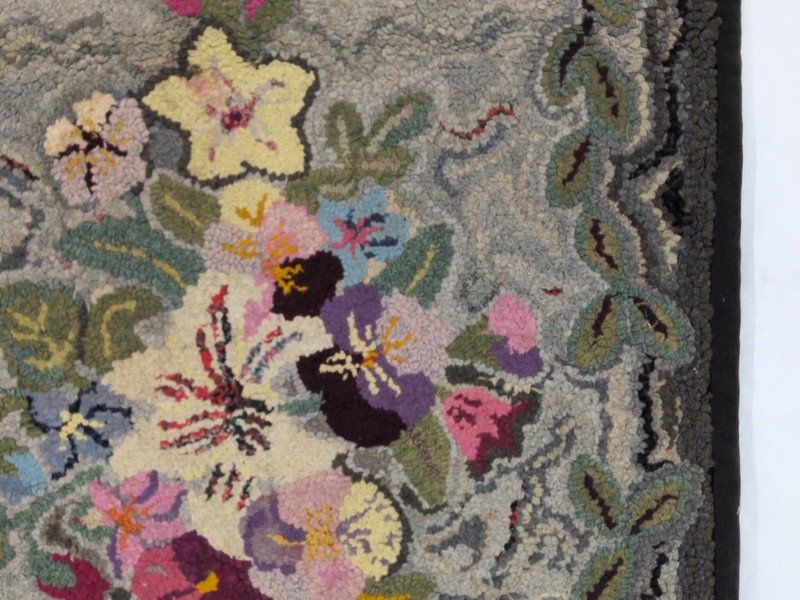 VTG Antique Hooked Rug 42"X27". Wool Floral Flowers Cottage gallery