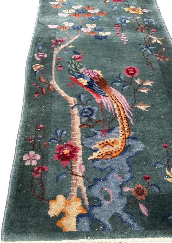 3x6 Antique Art Deco Chinese Rug Blue Tree of Life Bird Tapestry C.1920 gallery