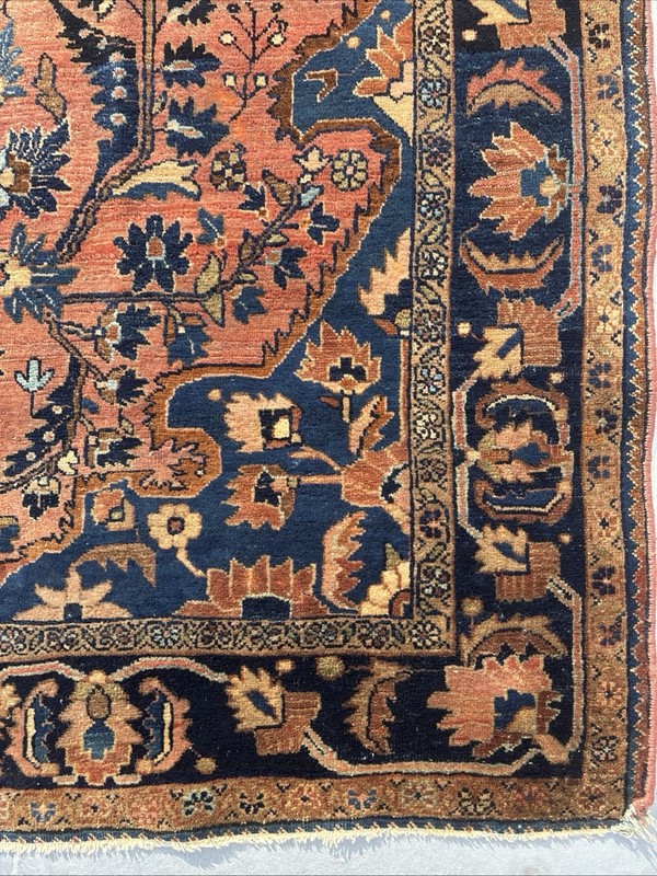 Mohajeran-Saroukk 4 X 6 Antique Rug C. 1920 Blush Rose Field Navy Blue Wet Sand gallery