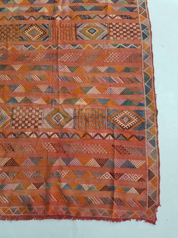 Fine Vintage Moroccan Hand Made Oriental Wool Orange Blue Kilim 203x133cm gallery