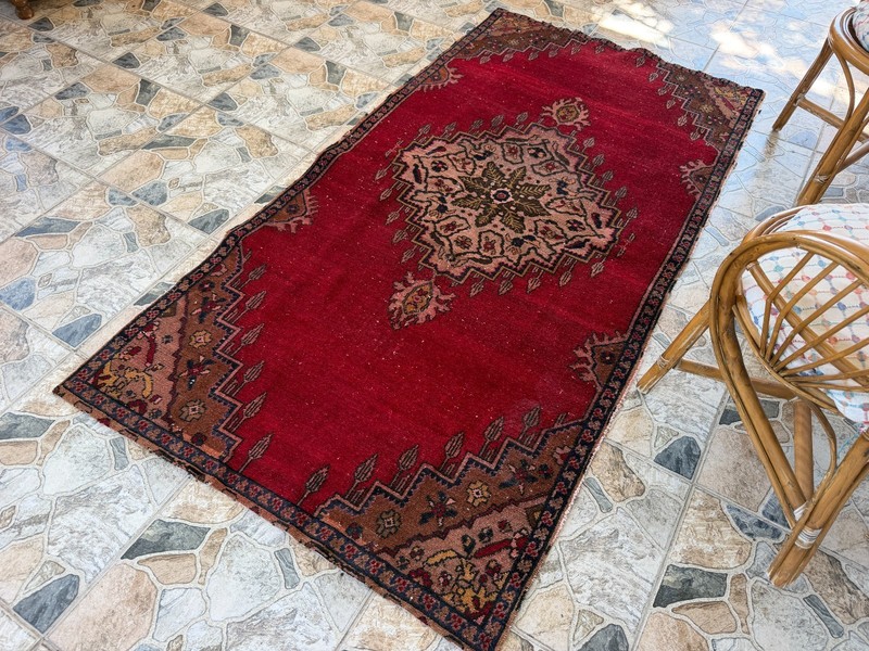 Vintage Red Turkish Oushak Rug 4x7 Handknotted Tribal Anatolian Area Rug Wool gallery