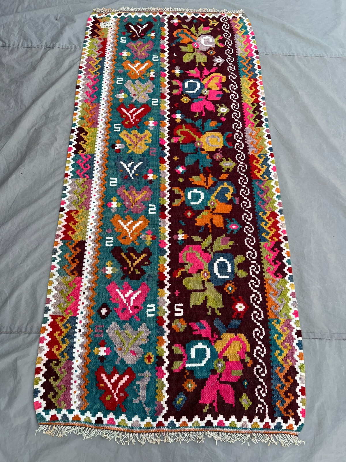 3x6'10 ft Vintage Caucasian Kilim Flatweave Wool Floral Botanical Two Panel Rug gallery