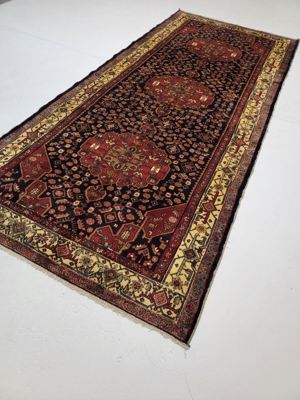 Antique Oriental Hand-Knotted Wool Runner Navy Blue/Red/Ivory/Green 5' x 11'3" gallery