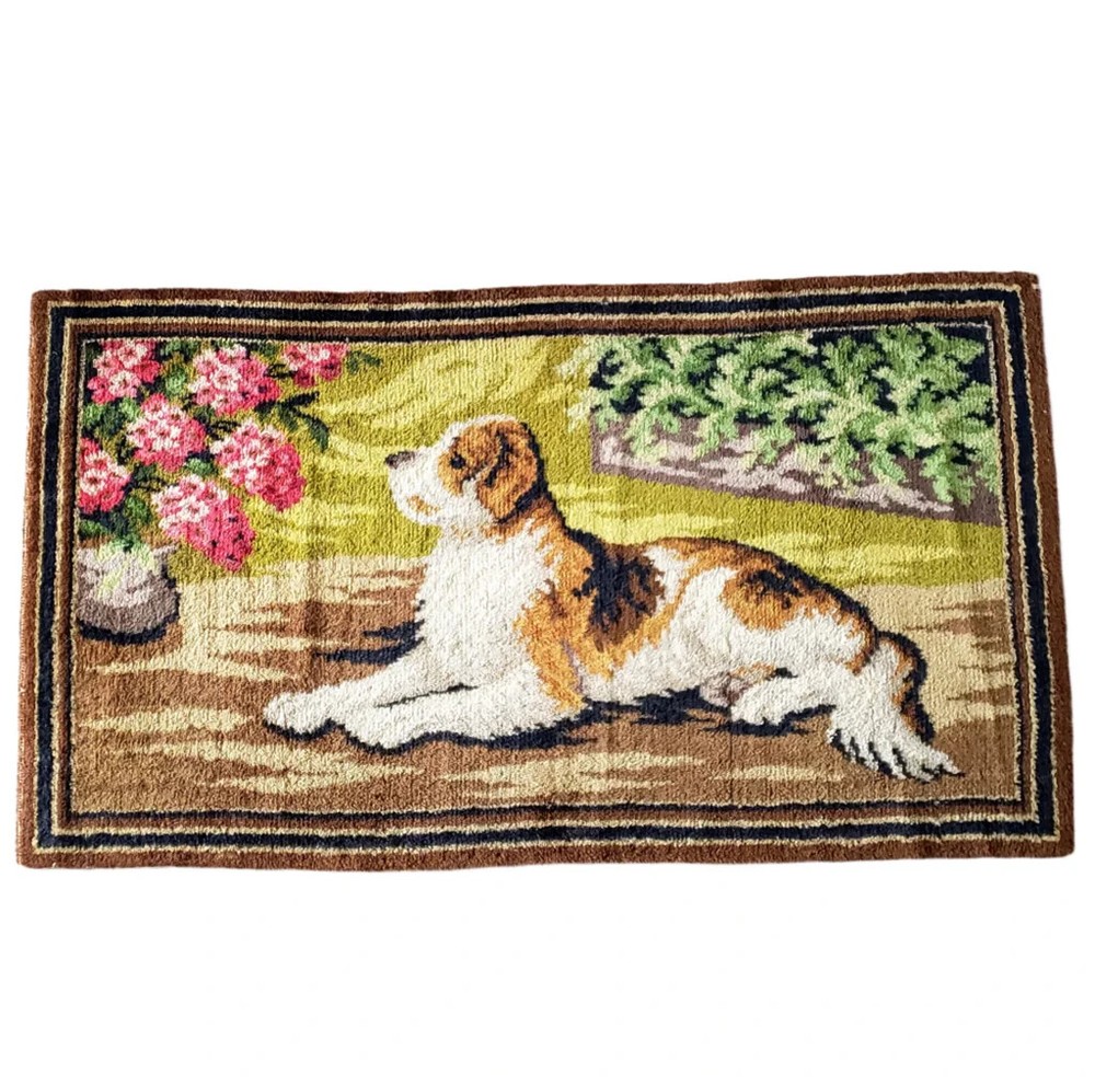 Vintage Cut Pile Wool Rug Dog In Garden Scene 4 Feet Long