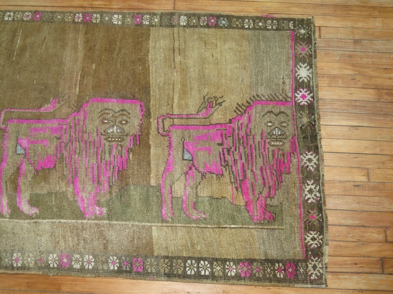 Vintage Kurdish Kars Pictorial Lion Gallery Rug Size 3'9''X9'5'' gallery