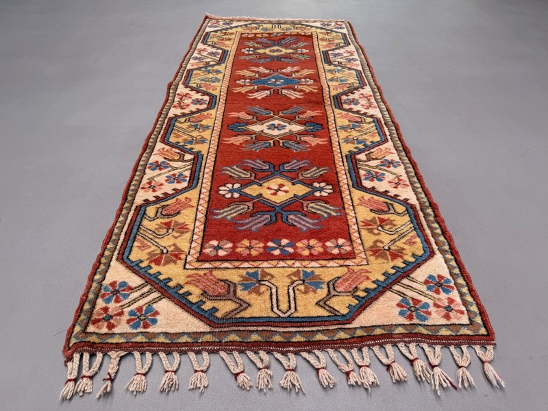 Vintage Turkish Runner 81x190 cm Milas Rug, Terracotta Red, Green, Beige 2575 gallery