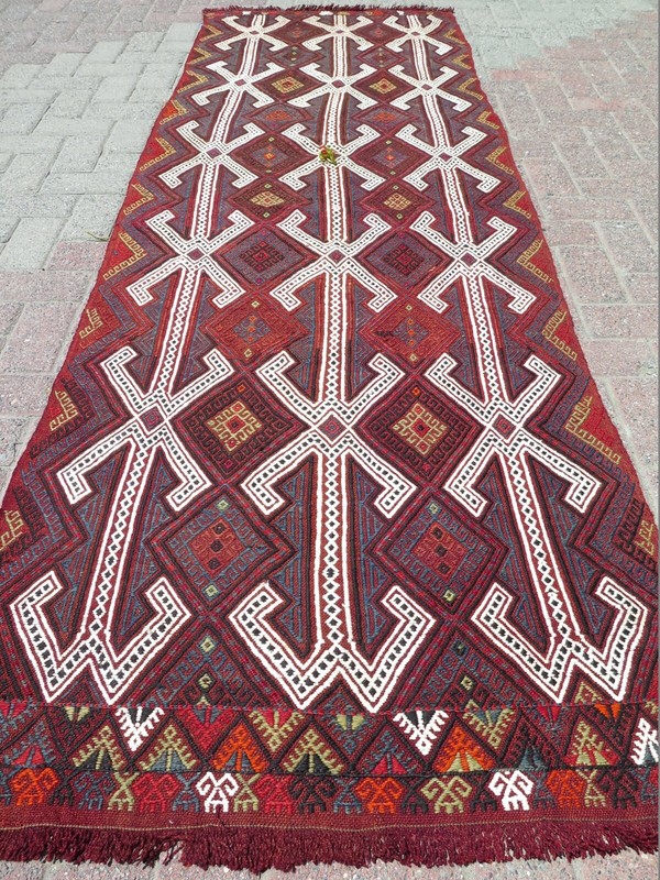 Vintage Turkish Kilim Runner Folk Motifs on Deep Red, Boho Hallway Rug 34"x104" gallery