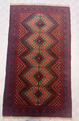 3×5 ft Authentic Afghan Balouch Tribal Wool Rug Hand-Knotted Red & Green Geometr