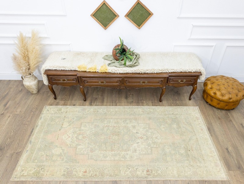 Muted vintage Turkish traditional rug 3.10x7.11 ft Large wide Oushak used runner gallery