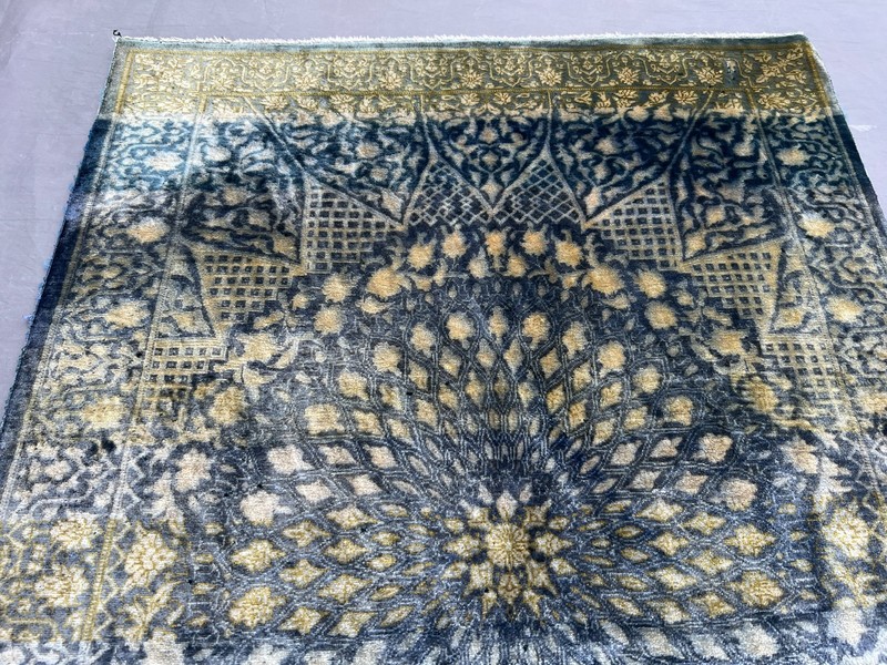 2 x 2'10 ft Vintage Hand Knotted Silk Rug Blue Beige Medallion Oriental Carpet gallery