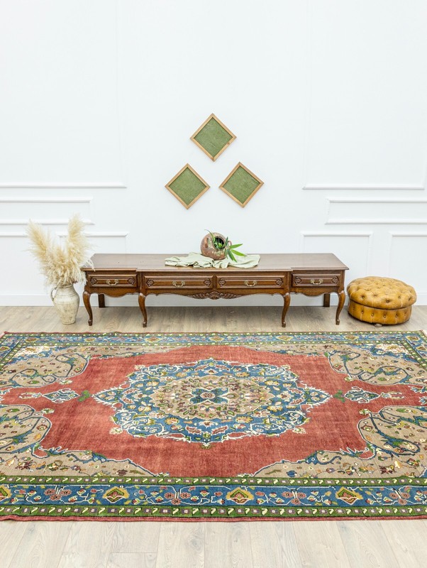 Unique 6.9x11.9 ft Handwoven Turkish Oushak Rug, Red Blue Green Vintage Area Rug gallery
