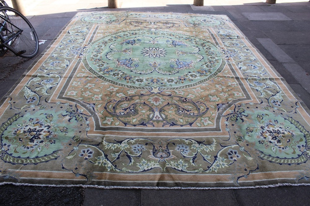Vintage Hand Made Traditional Oriental Wool Green Brown Large Carpet 407x293cm