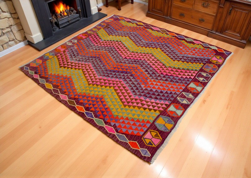 Vintage Turkish Rug Kilim – Handwoven Wool Rug Colorful Area Rug 5'7" x 6'1" gallery
