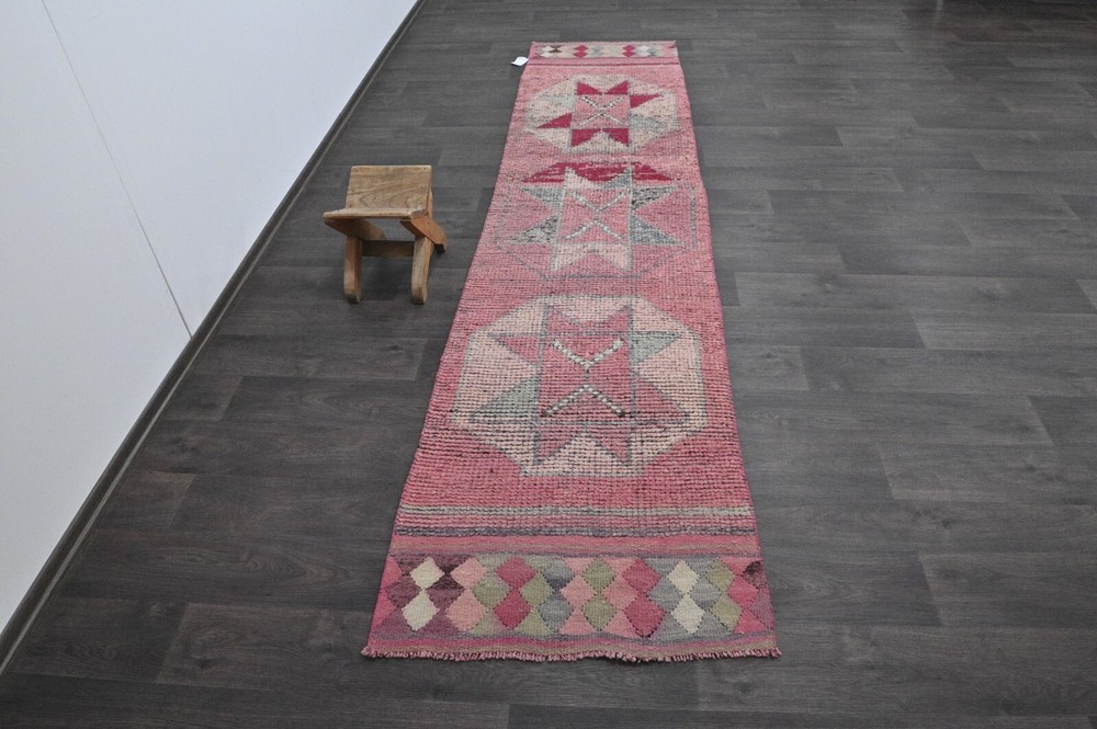 Vintage Turkish Runner Rug 2x10ft Wool Anatolian Handmade Hallway Oushak PINK